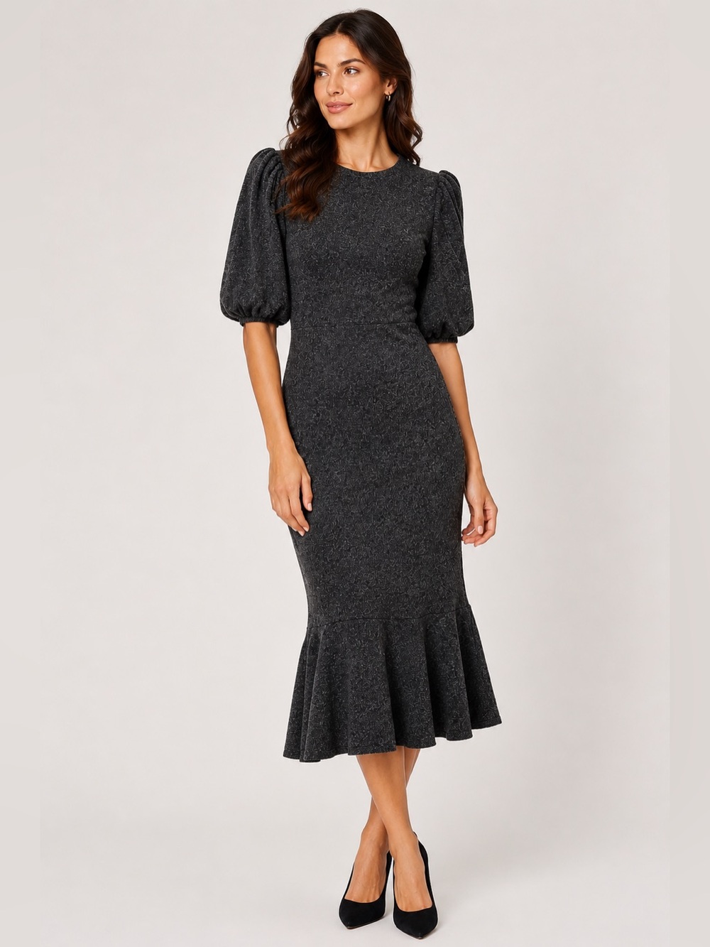Max + Ash Sweater Knit Midi Dress Gray Puff Sleeve Size‎ M NWOT